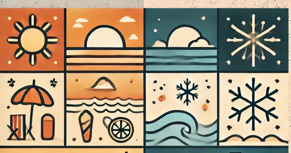 夏と冬を比較したシンプルで魅力的なブログヘッダー画像。左側には太陽、ビーチ、アイスクリームなどの夏の要素、右側には雪、雪だるま、ホットドリンクなどの冬の要素が描かれたデザイン。