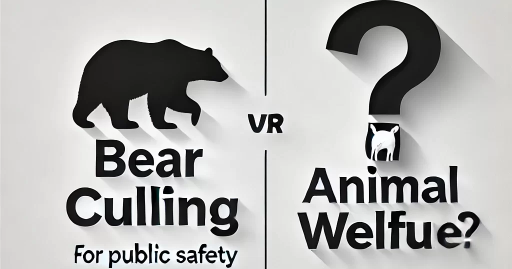 熊の射殺を巡る住民保護と動物福祉.熊のシルエットとクエスチョンマーク
