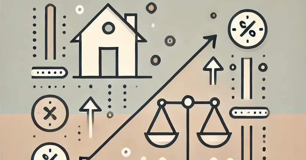 住宅ローンの固定金利と変動金利の比較を表すシンプルなバナー画像。家のアイコンと、金利の変動を示す上向き・下向きの矢印、意思決定を象徴するバランススケールが配置