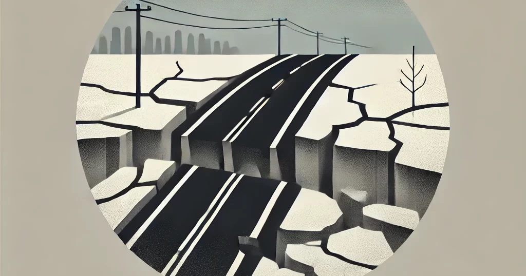 道路陥没とインフラ危機を象徴するシンプルなアイキャッチ画像。割れた道路の抽象的なデザインが都市の老朽化を示し、灰色と黒の落ち着いた色調が危機感