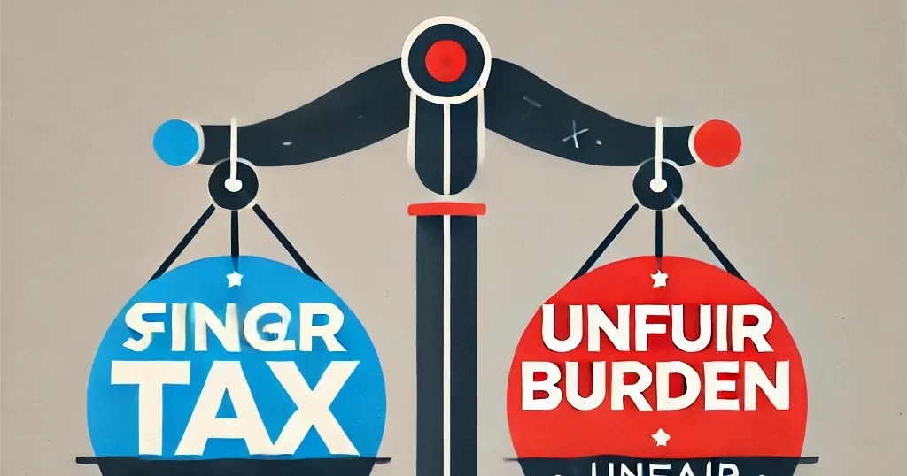 "独身税の公平性をテーマにしたアイキャッチ画像。天秤が「公平な税」と「不公平な負担」の間で揺れる様子を表現し、グレーの背景に赤と青の差し色が議論の対立を強調している。