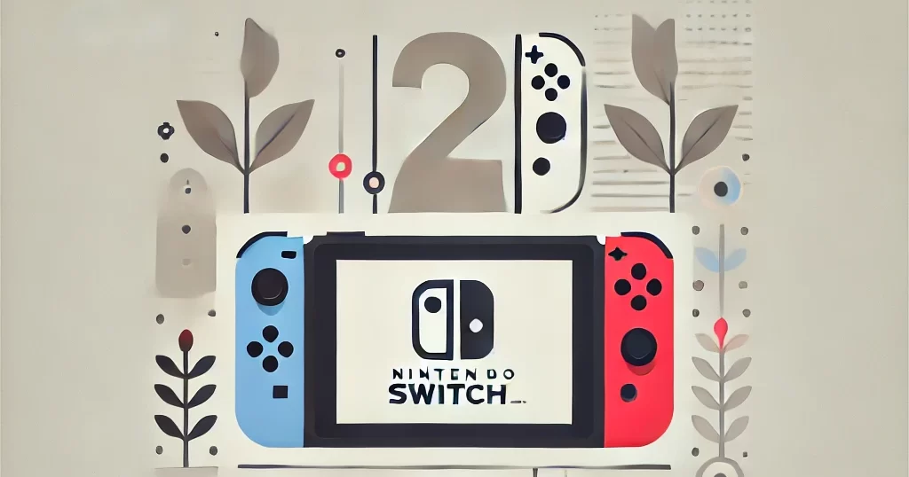 Nintendo Switch 2を象徴するシンプルなデザイン、ゲーム機のシルエットとジョイコンを配置し、次世代機の進化