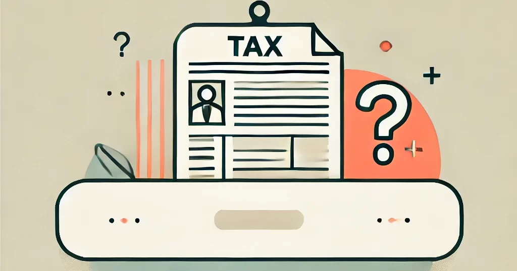 税務申告サポートを象徴するシンプルなバナー画像。抽象的な税務書類、疑問を示すクエスチョンマーク、支援の手が描かれ、サポートの必要性を表現