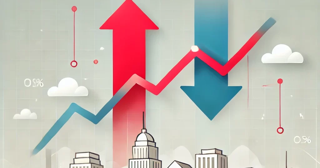 タワーマンション価格の変動を象徴するシンプルなバナー画像。都市の高層ビル群に、価格上昇を示す赤い上向き矢印と下落を示す青い下向き矢印が配置されています。