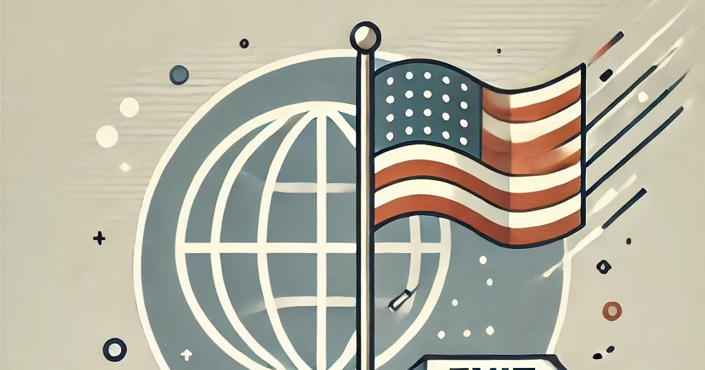 WHO脱退を象徴するシンプルなバナー画像。ライトグレーの背景に、地球のアイコン、アメリカ国旗、そして出口サインが配置され、米国のWHO離脱を表現