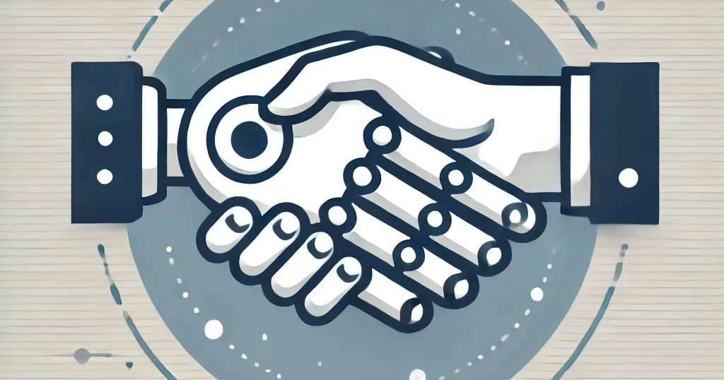 人間の手とロボットの手が握手するシンプルなデジタルイラスト。AIと人間の協力を象徴し、未来の職場の自動化を表現