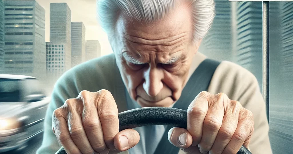 高齢ドライバーがハンドルを握り、不安そうに運転する様子。背景にはぼやけた都市の風景と、運転の危険性を示唆する注意標識がある。高齢者の運転免許問題を象徴するリアルなイメージ。