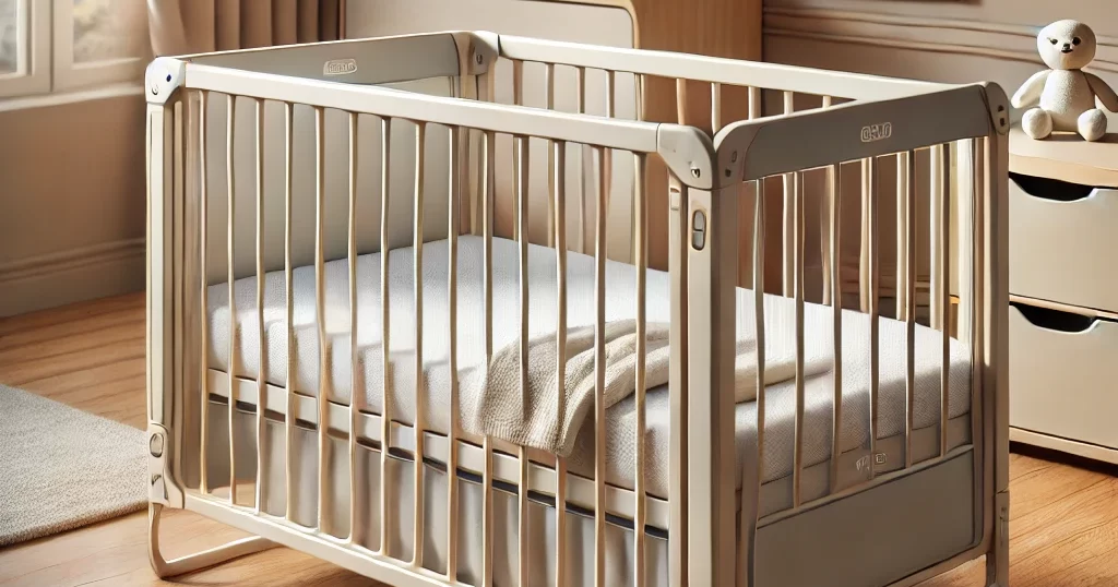 「折りたたみベビーベッドが設置されたモダンなベビールーム。コンパクトで収納しやすく、安全なデザインのベビーベッドが特徴。」