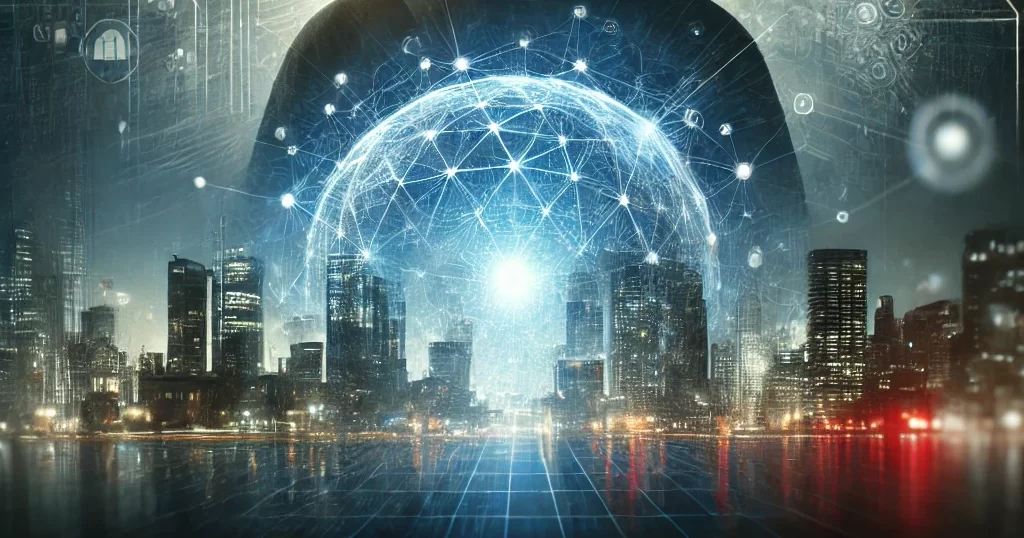 VRヘッドセットを装着し、仮想空間に没入する人物のリアルなイラスト。背景にはデジタル都市と現実世界が融合し、メタバースの世界観を表現。