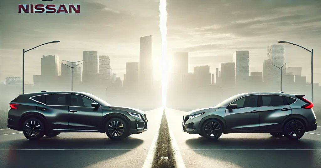 日産とホンダの経営統合破談を象徴するリアルなイラスト。2台の車が分かれた道路で反対方向を向き、背景には都市の風景が広がる。