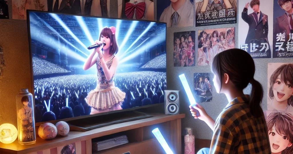 推し活に熱中する若者の部屋。アイドルのポスターやグッズに囲まれ、光るペンライトを持ちながらライブ配信を視聴している様子。部屋の暗さとスクリーンの光が推し活の没入感を演出。