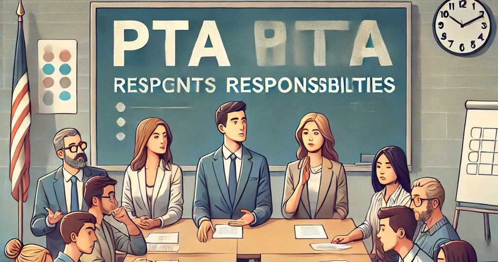 : PTA会議の様子。数名の保護者が机を囲んで議論しており、一部は困惑や不満の表情を見せている。PTA存続の是非について話し合う雰囲気をリアルに描いたイメージ。