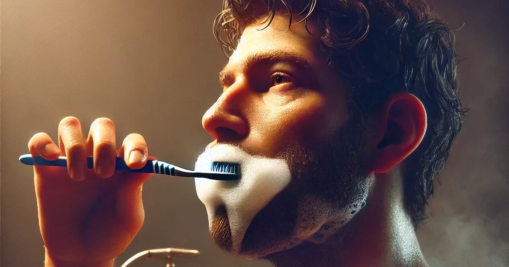 バスタブに浸かりながら歯を磨く人物。口には泡がついており、少し考え込んだ表情。背景には温かい蒸気が漂い、お風呂場での歯磨きの快適さと衛生面の疑問を感じさせるリアルなシーン。