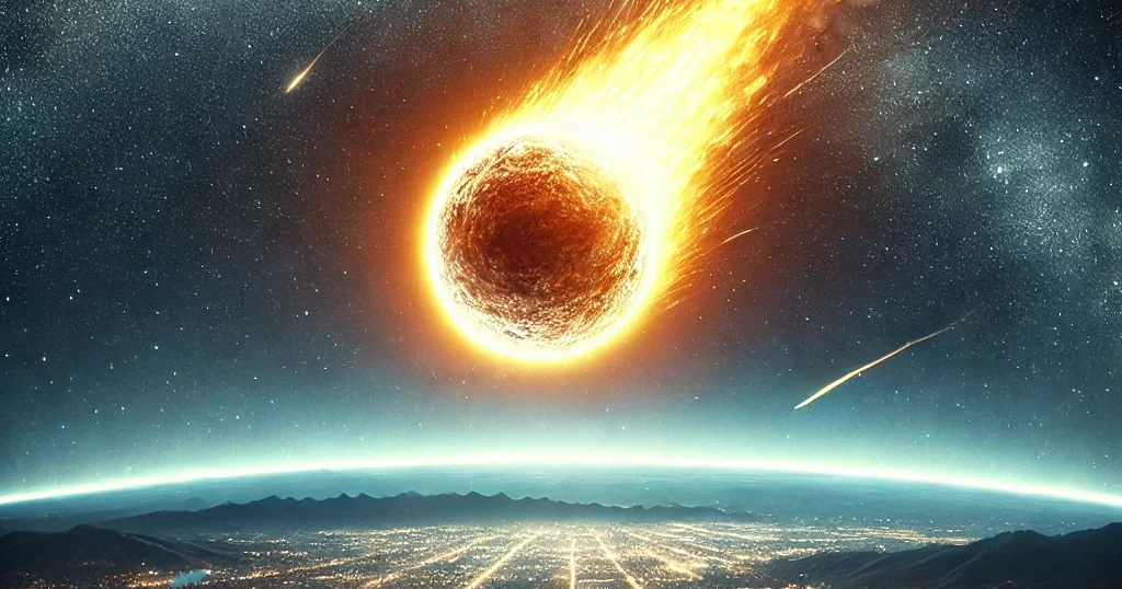 リアルな隕石落下のイメージ画像。夜空を横切る大きな隕石が、燃えながら地球へ落下していく様子を描写。都市のシルエットが見え、隕石のスケール感が強調されている。