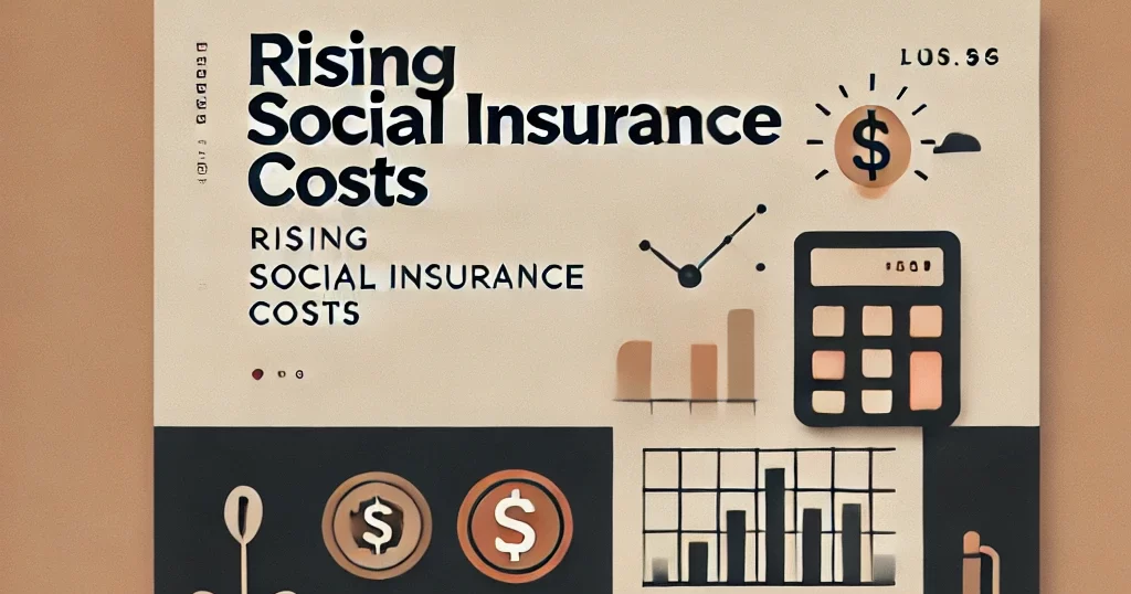 社会保険料の上昇をテーマにしたシンプルながら印象的なブログヘッダー画像。税金の書類、電卓、給与から差し引かれるお金の要素を含むデザイン。