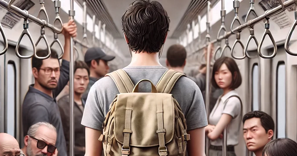 満員電車内でリュックを背負う人と前に持つ人がいる様子。他の乗客の反応はさまざまで、迷惑に感じる人や気にしない人が混在している。電車でのリュックのマナーを巡る議論を象徴するリアルなシーン。