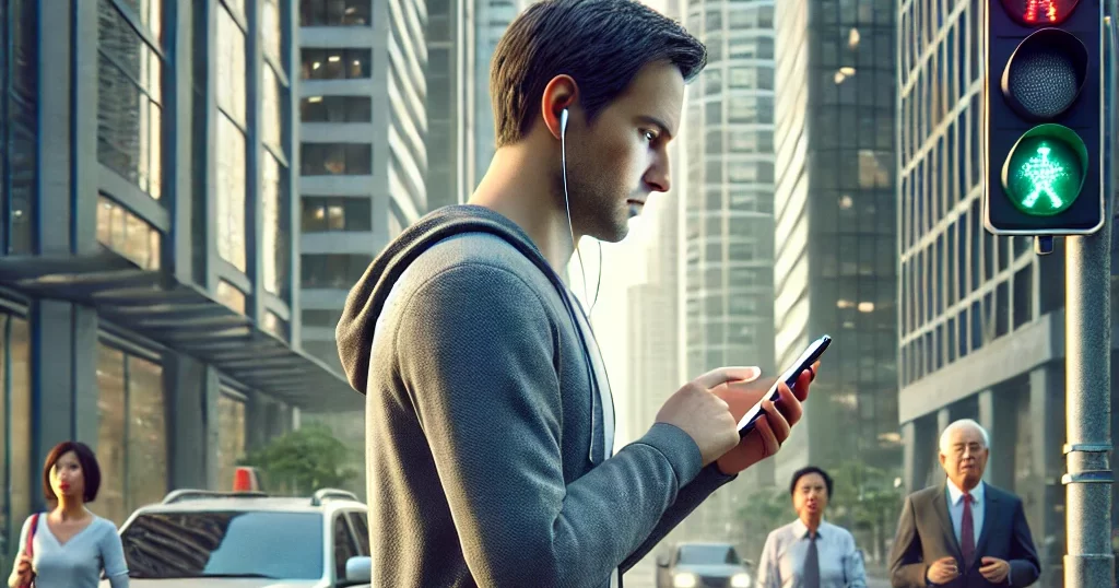 スマホを見ながら歩く人が都市の歩道を歩いている。周囲の歩行者は注意を払ったり、不快そうな表情を浮かべている。歩きスマホの危険性と社会的な問題を示すシーン。」