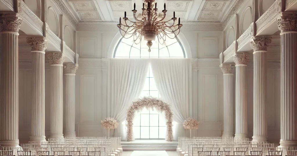 結婚式場のキャンセル問題を象徴する画像。豪華なウェディングホールに空席が目立ち、入り口には『CANCELED』のサインが掲げられている。