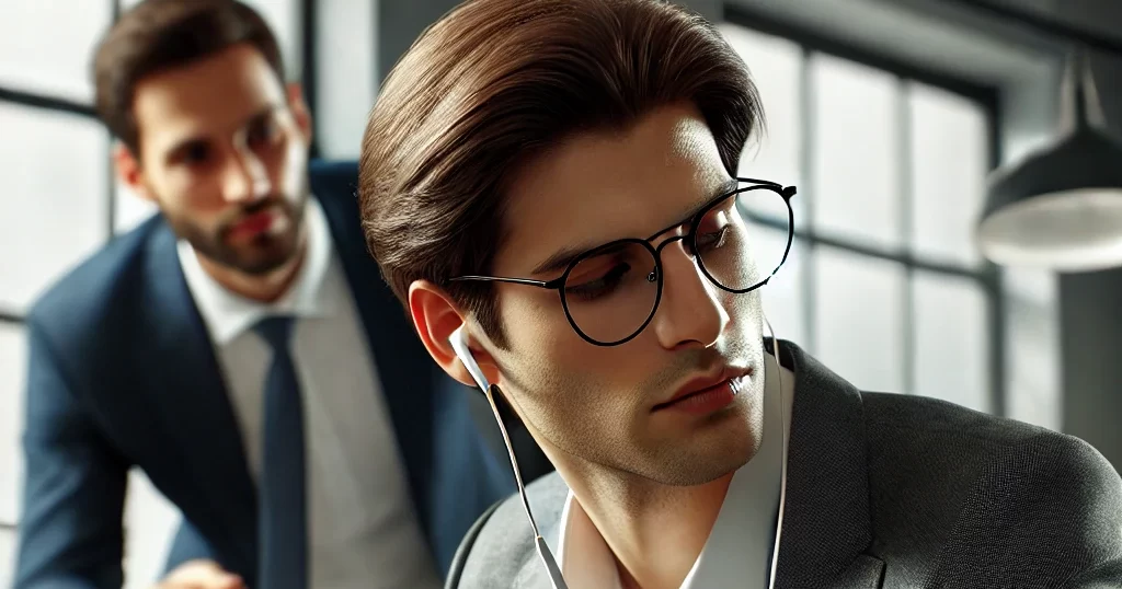 「オフィスでイヤホンをつけて仕事をする社員。集中して作業をしているが、隣の同僚が話しかけようとしている様子。仕事中のイヤホン使用が職場で問題になる状況を描写。