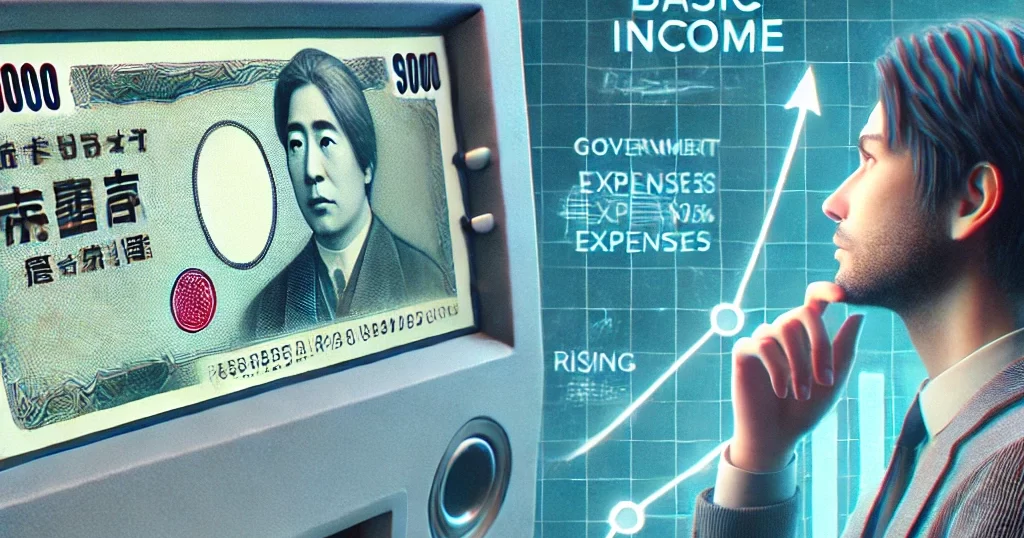 ATMや政府の補助金を受け取る人の姿。背景には日本経済の負担や恩恵を示唆するチャートがあり、ベーシックインカムの導入が日本経済にプラスか負担かを議論する状況を表現。