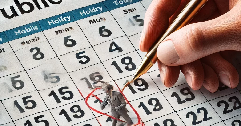 日本の祝日がマークされたカレンダー。片方の手が祝日を丸で囲み、もう一方の手が祝日を減らすか悩むようにペンを持っている。祝日を増やすか減らすかの議論を象徴するシーン。