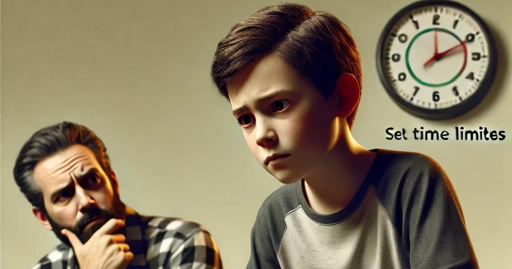 ソファでゲームに夢中な子どもと、その様子を心配そうに見つめる親。ゲーム時間を制限すべきか、それとも自由にさせるべきかを考える親子の葛藤を描いたシーン。