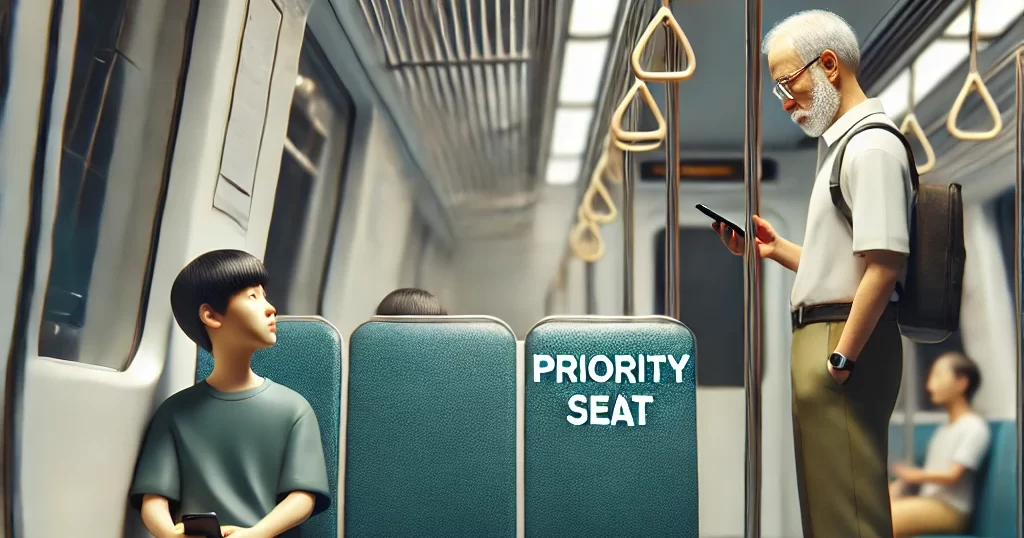 電車内の優先席でスマホを見ながら座る若者と、その前に立つ高齢者。優先席に座るべきか譲るべきかの社会的ジレンマを表現したシーン。
