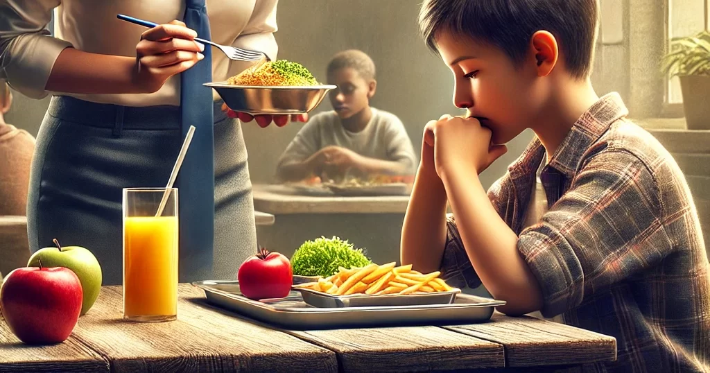 学校の給食の場面。生徒が未完食の給食を前に戸惑いながら座り、教師が優しく完食を促している。給食の完食指導が必要か、それとも時代遅れかを議論するシーン