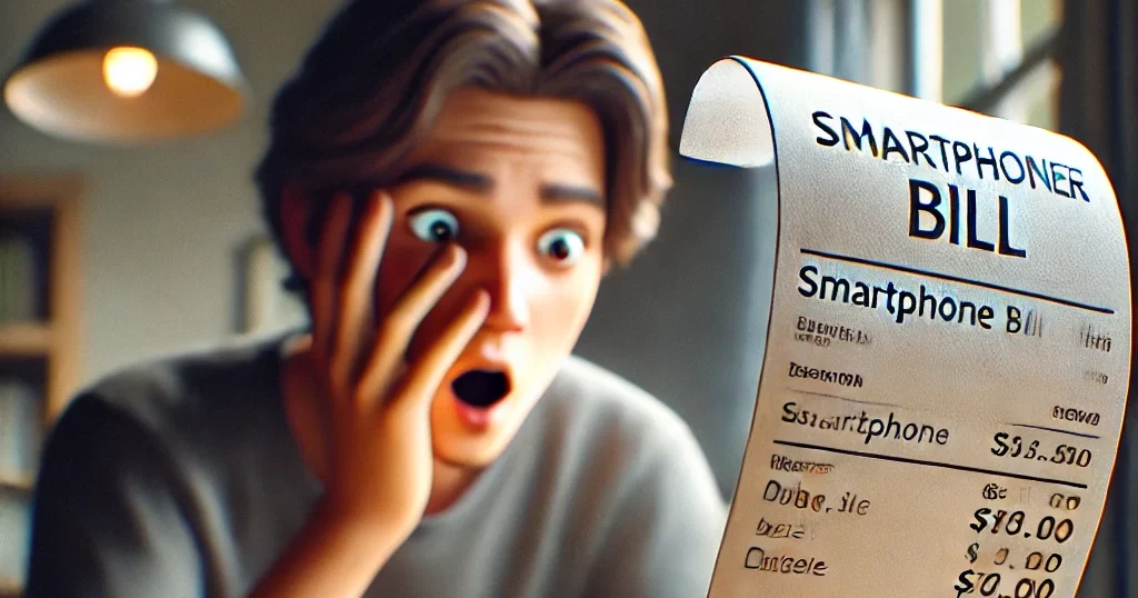 スマホ料金の請求書を見て驚く人。高額な請求額が表示され、スマホの通信費が高すぎるのか適正なのかを議論する状況を表現したシーン